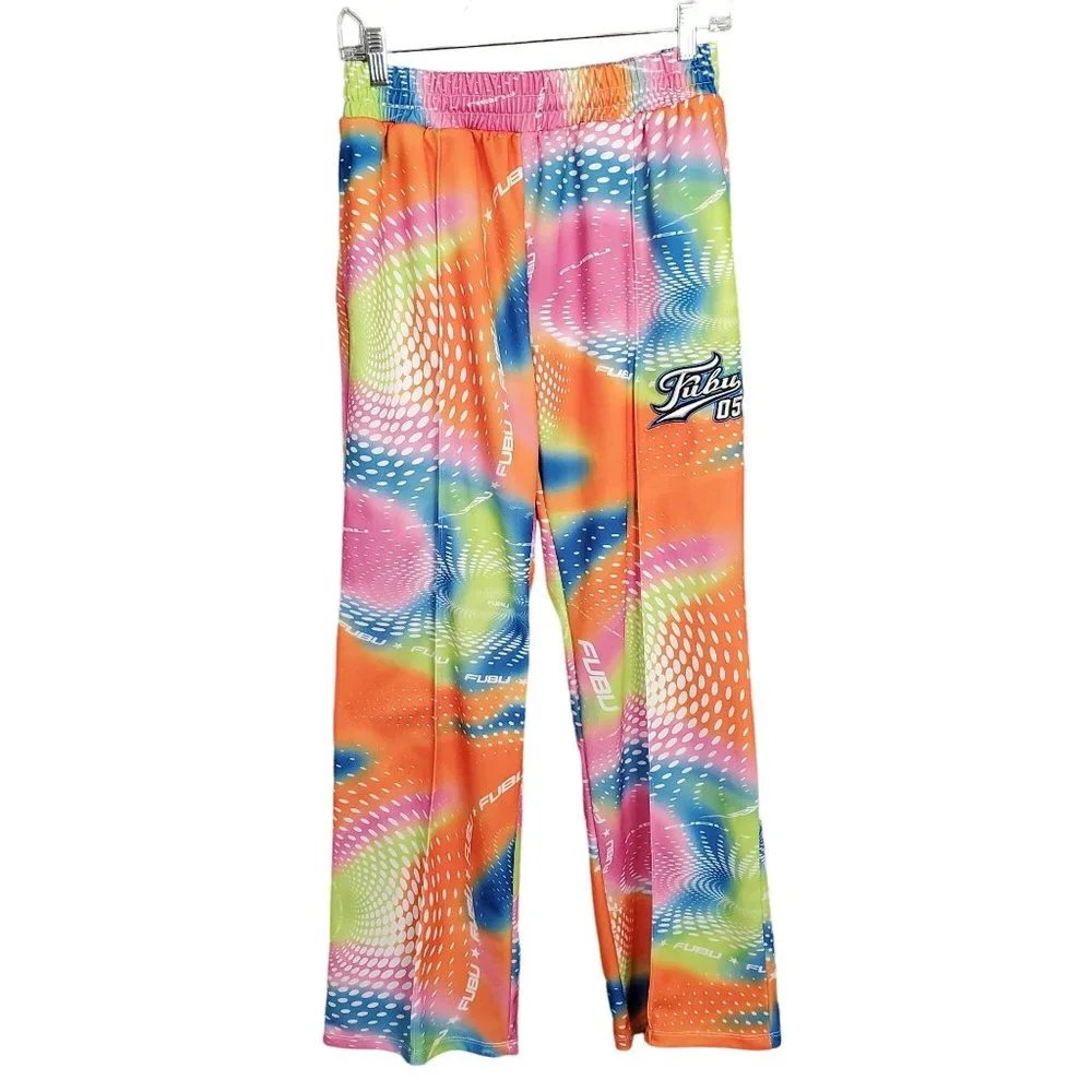 FUBU X Forever 21 Size M Pants Pull-On Wide Leg Rainbow Swirl Logo StreetWear - Picture 2 of 11